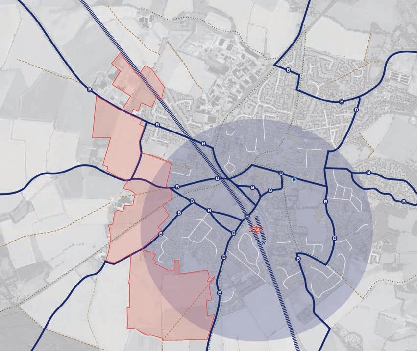 Existing public transport network map showing bus routes and rail connections in North Walsham