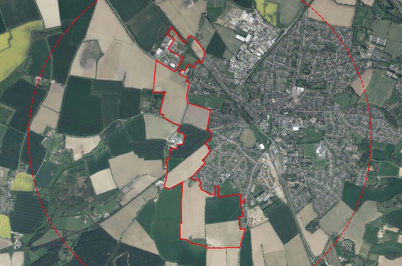Satellite view showing North Walsham West development site boundary